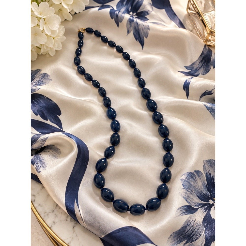 Vintage Trifari Navy Blue Graduated Oval Beaded Statement Necklace Signed